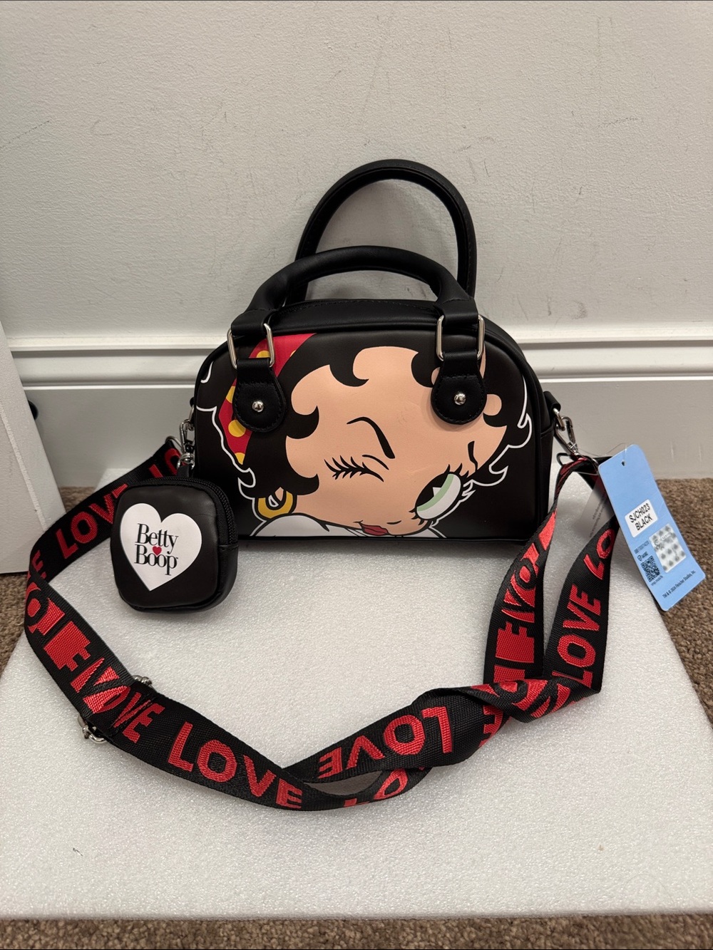 Betty Boop Black Printed Dome satchel bag with pouch NWT